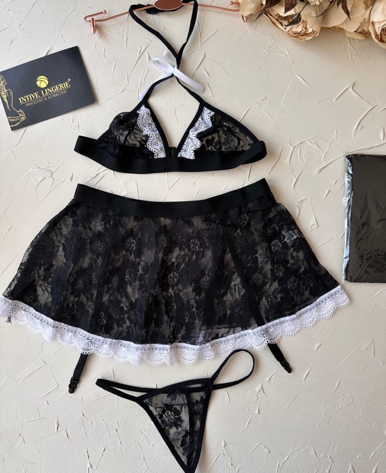 Kadın Siyah Dantel Detaylı Transparan Hizmetçi Kostüm-7005 Siyah - S/M