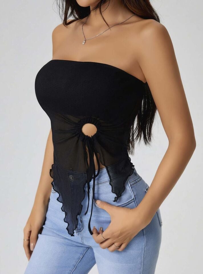 Kadın Siyah Crop Önden Halka Büzgü detaylı 5094 Kadın Siyah Crop Önden Halka Büzgü detaylı 5094