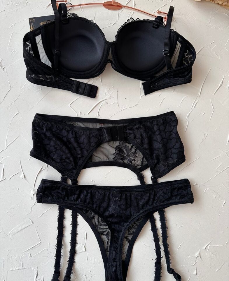 Le Jardin Isabelle Tül Brodeli Silikonlu Push-up Sütyen Jartiyer Takım-5000 Siyah - 85