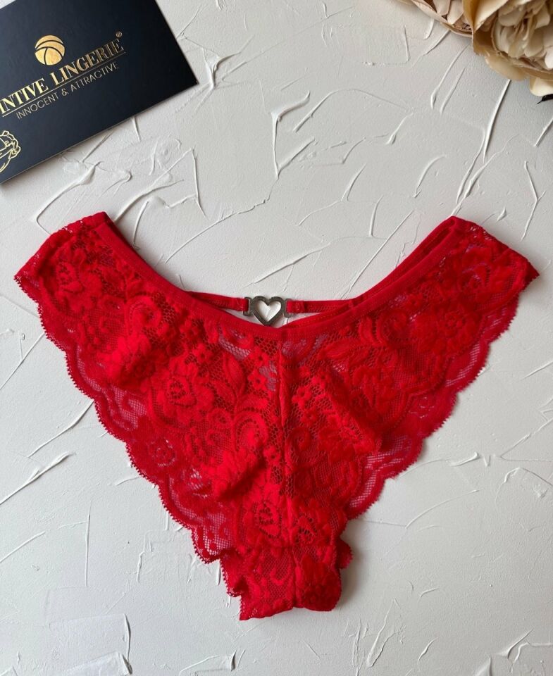 Intive Arkası Kalp Aksesuarlı Yumuşak Dantelli Brazilian Tanga Kırmızı - Tek Ebat