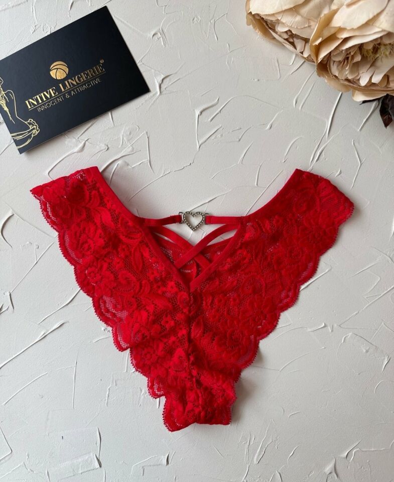 Intive Arkası Kalp Aksesuarlı Yumuşak Dantelli Brazilian Tanga Kırmızı - Tek Ebat