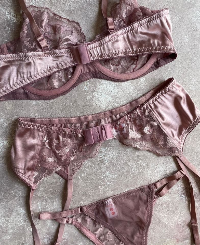 Kadın Gül Kurusu Çiçekli Saten Detaylı Jartiyer Takım 80B