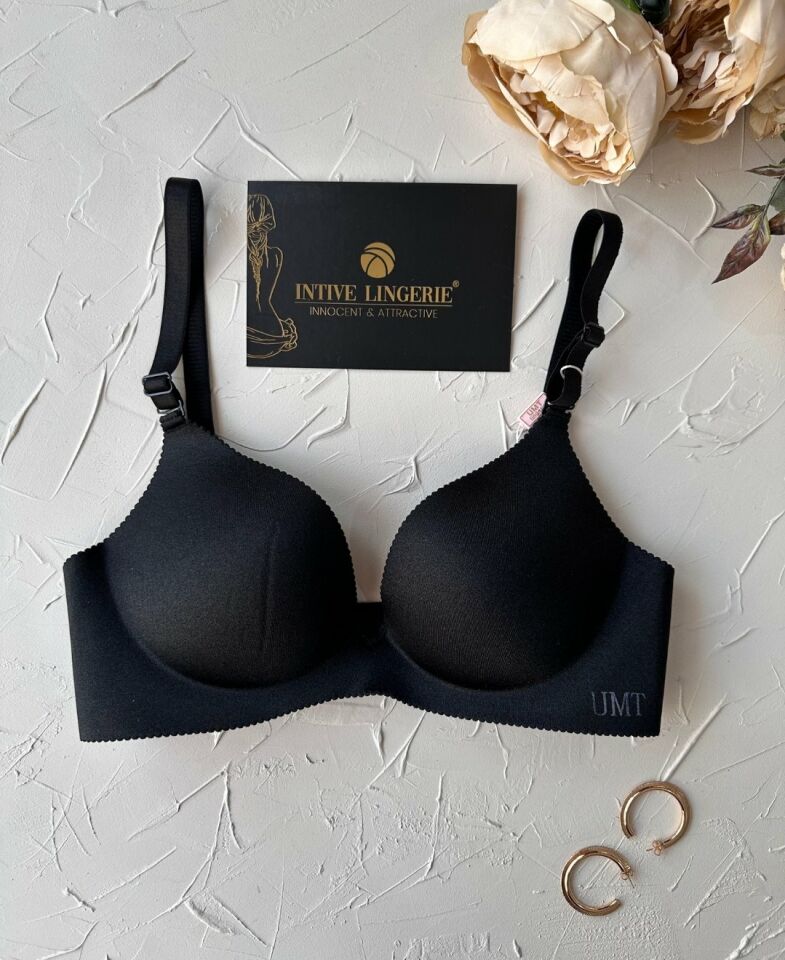 Angelina Push-up Balensiz Dikişsiz V Yaka İthal Kaliteli Düz Renk İz Belli Etmez Sütyen Siyah - 75B