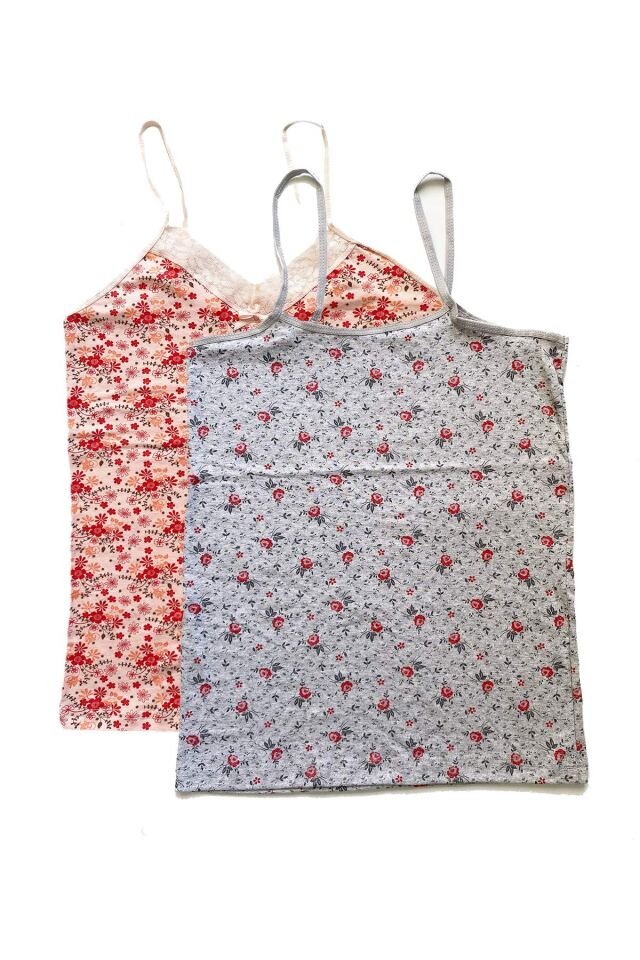 2 Adet Kadın Askılı Desenli Atlet Dantelli Empirme Pamuklu Penye D1-2 L