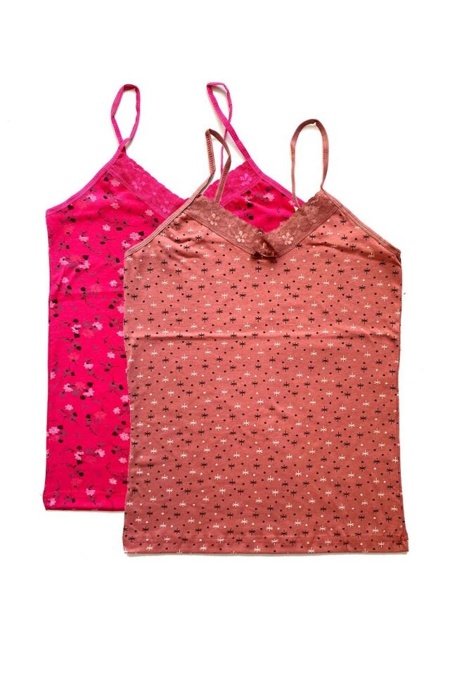 2 Adet Kadın Askılı Desenli Atlet Dantelli Empirme Pamuklu Penye D3-4 XL