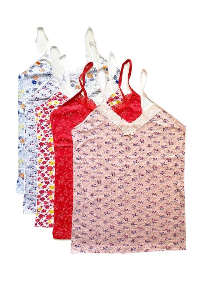 5 Adet Kadın Askılı Desenli Atlet Dantelli Empirme Pamuklu Penye D6-10 M