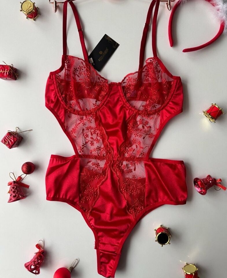 Love Satin Kırmızı Yan Dekolte Transparan Dantel ve Saten Detaylı Bodysuit