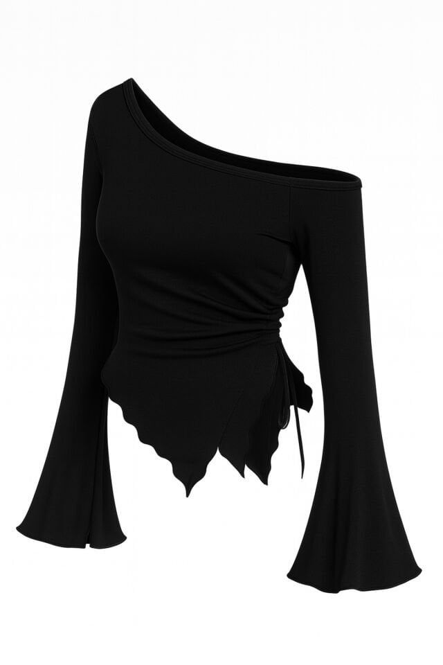 Kadın Siyah Uzun İspanyol Kollu Asimetirik Yaka Yandan Bağlamalı Drapeli Bluz Kadın Siyah Uzun İspanyol Kollu Asimetirik Yaka Yandan Bağlamalı Drapeli Bluz
