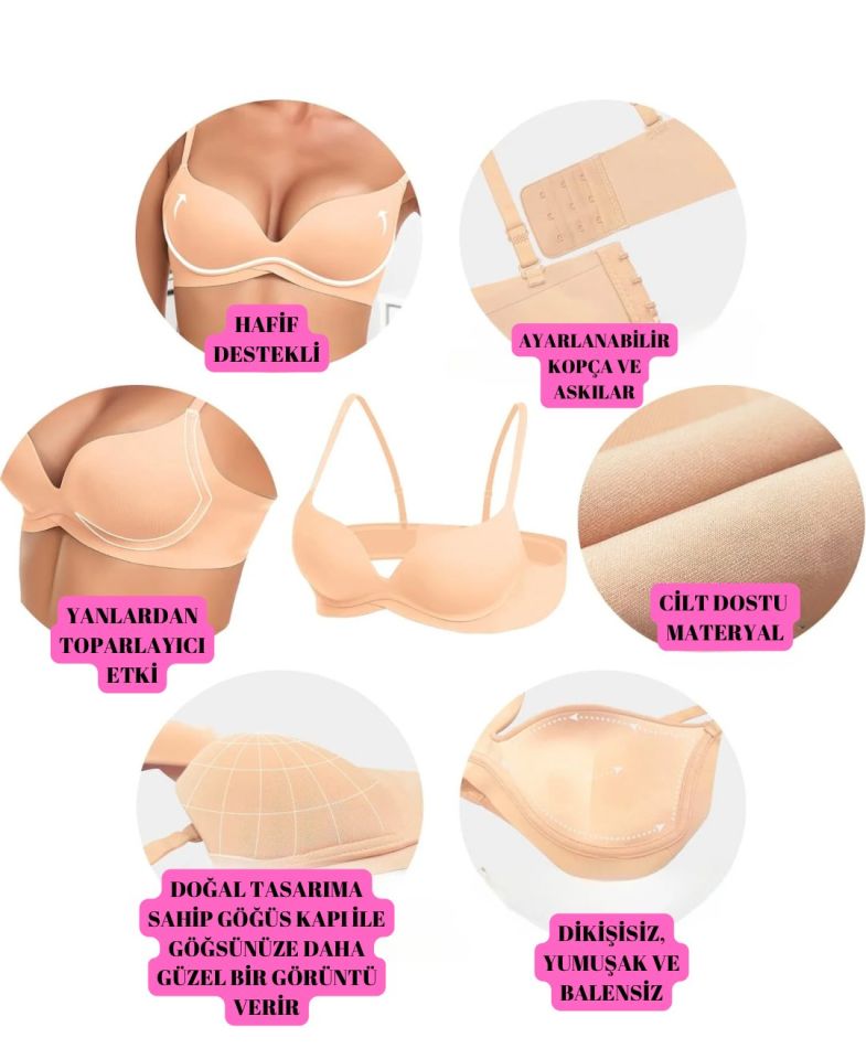 İthal Hafif Destekli Nefes Alabilir Dikişsiz Seamless V Yaka Günlük Sütyen -508 Bej - 85B