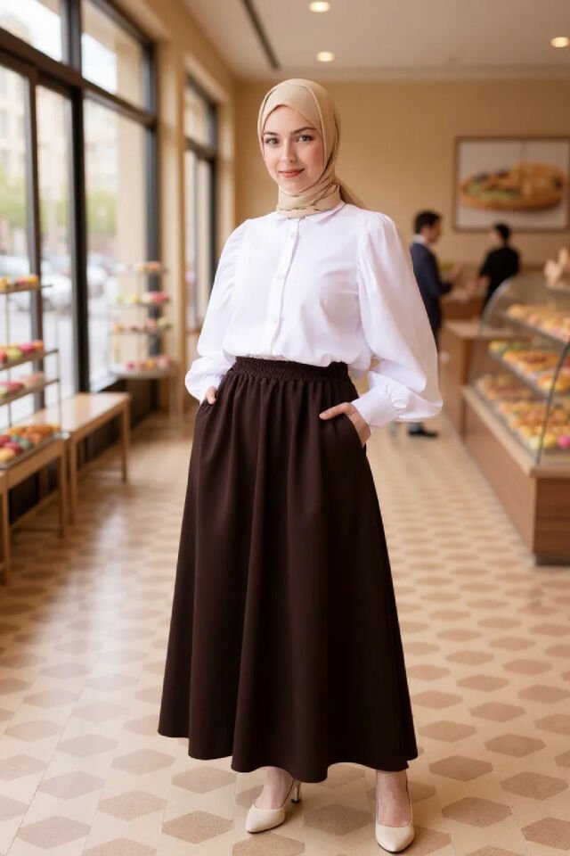 Kadın Kahverengi Double Kumaş Beli Lastikli Cepli Etek Kadın Kahverengi Double Kumaş Beli Lastikli Cepli Etek