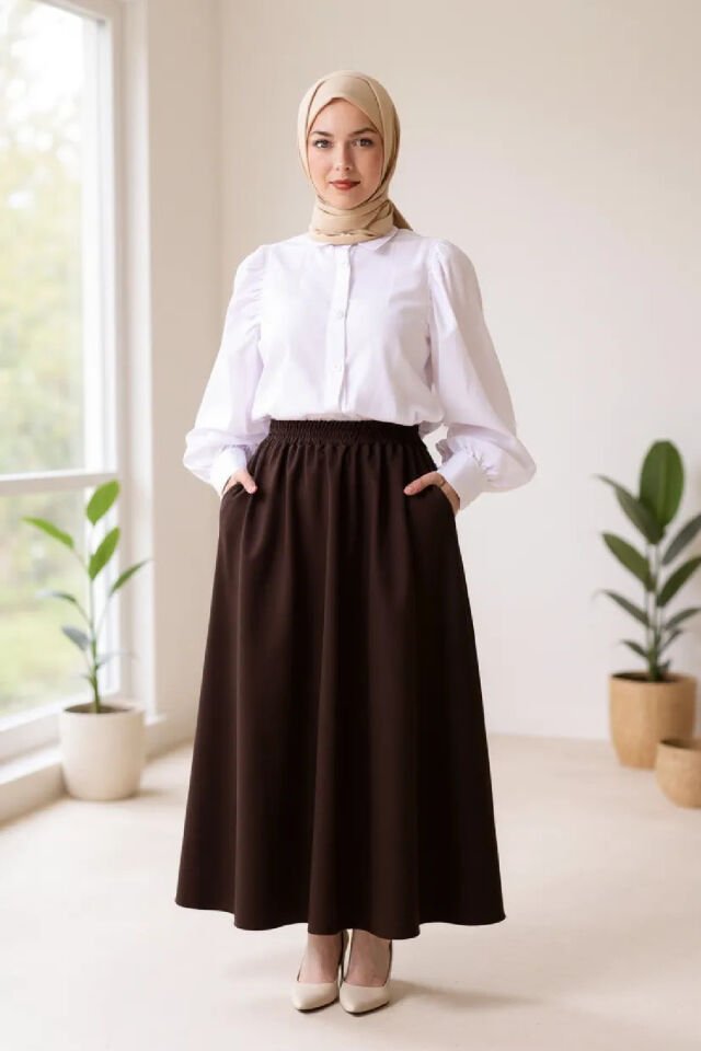 Kadın Kahverengi Double Kumaş Beli Lastikli Cepli Etek Kadın Kahverengi Double Kumaş Beli Lastikli Cepli Etek