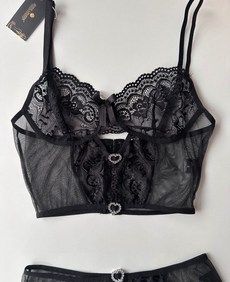 Kadın Siyah Kalp Aksesuar Detaylı Balensiz Transparan Cheeky Külot Takım -8454 Siyah - XL