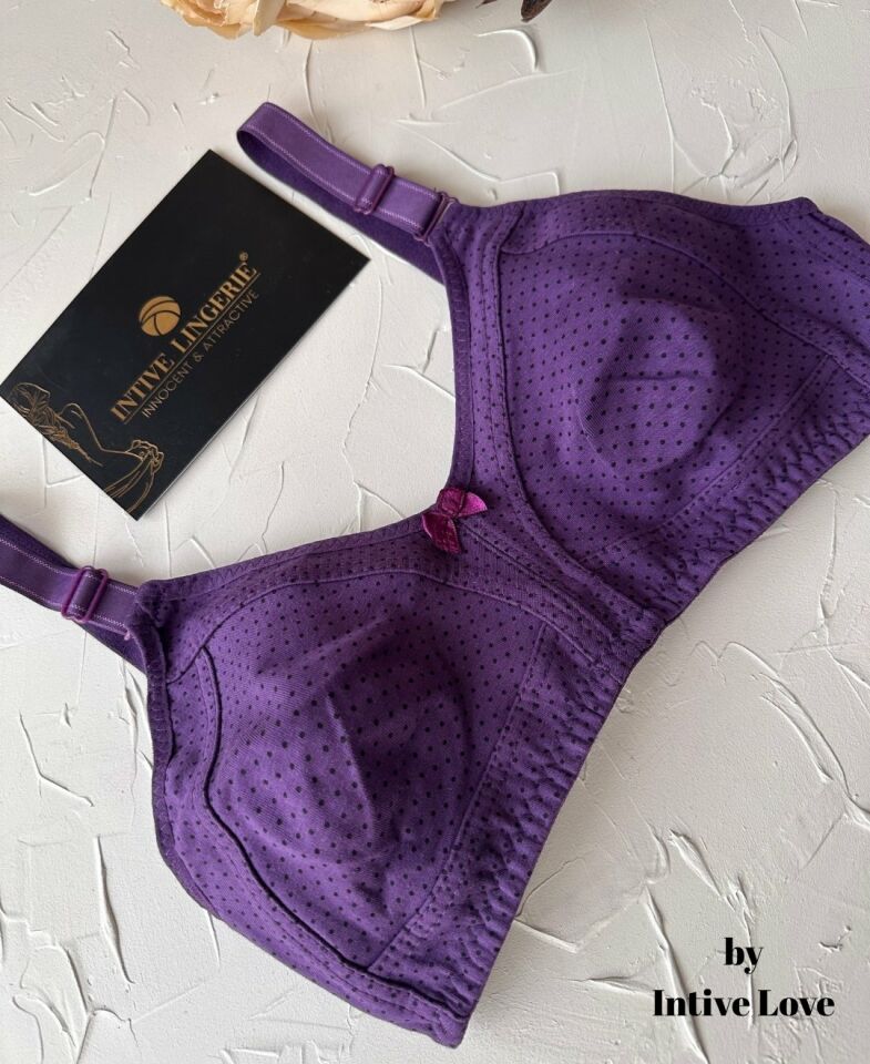 Liza Puantiye Desenli Pamuklu Penye Kalın Askılı Toparlayıcı Balensiz Desteksiz Rahat Sütyen Mor - 90