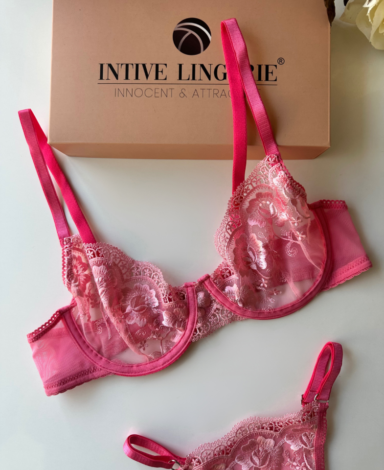 Pinky Flower Balenli Pembe Çiçek Desenli Seksi Sütyen Tanga Takım