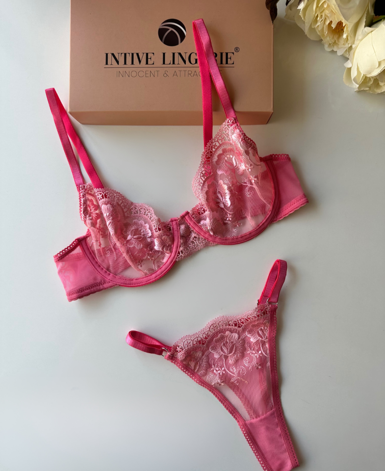 Pinky Flower Balenli Pembe Çiçek Desenli Seksi Sütyen Tanga Takım