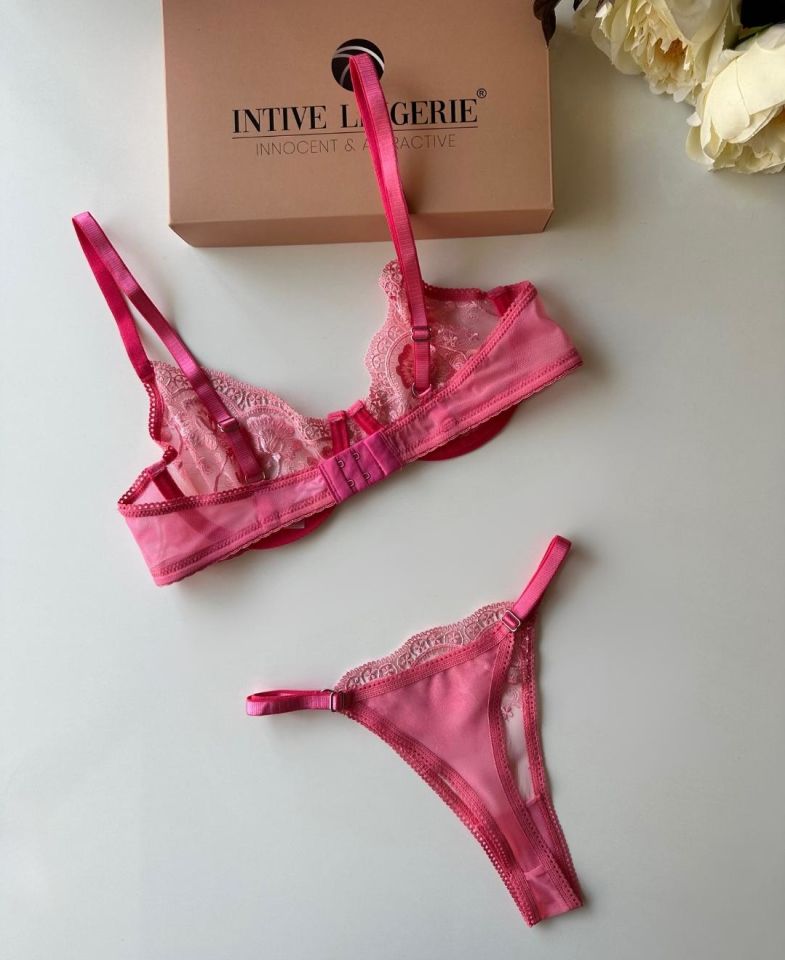 Pinky Flower Balenli Pembe Çiçek Desenli Seksi Sütyen Tanga Takım