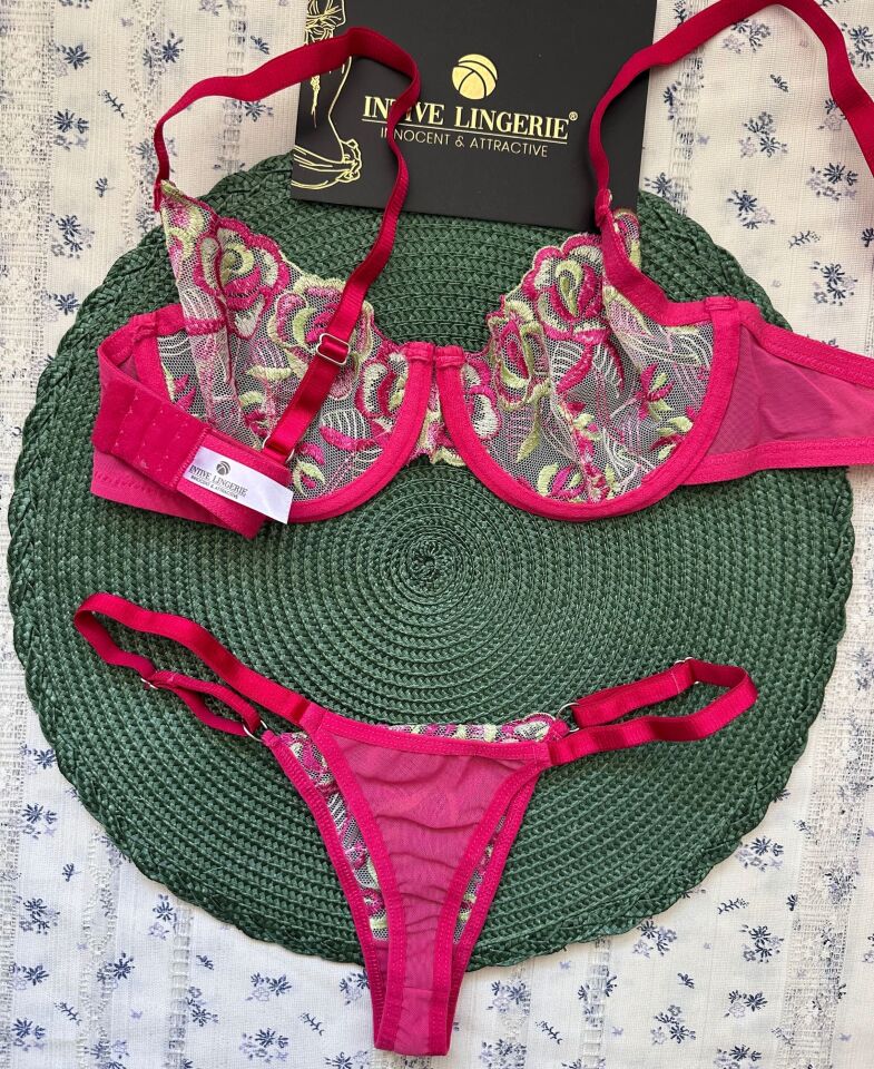 Josie Pembe-Yeşil Çiçek Nakışlı Transparan Sütyen Tanga Takımı – Intive Pembe - 80B
