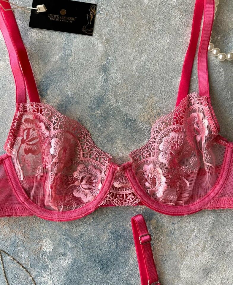 Pinky Flower Balenli Pembe Çiçek Desenli Seksi Sütyen Tanga Takım Pembe - 75