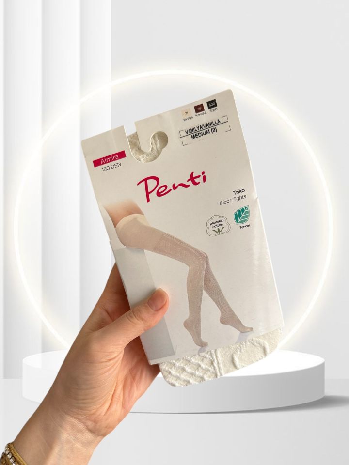 Penti Almira 150 Den Pamuklu Tencel Kumaş Vanilya Renk Desenli Külotlu Çorap Krem - M