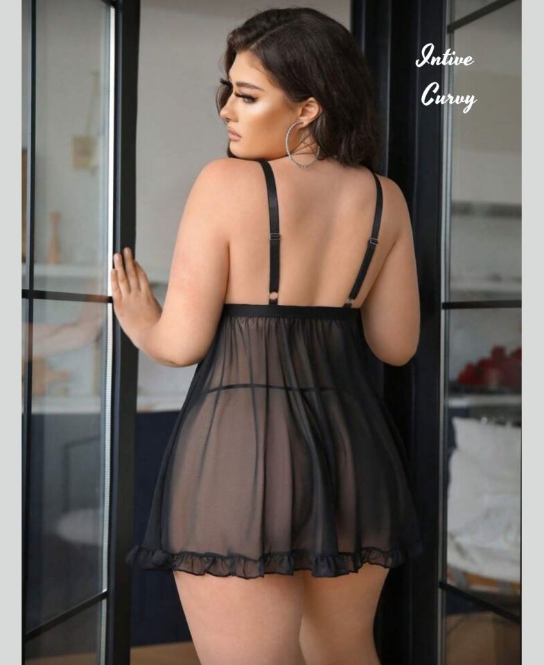 Intive Curvy Siyah Önden Bağlamalı Transparan Dantel Detaylı Büyük Beden Gecelik Siyah - 3XL/4XL
