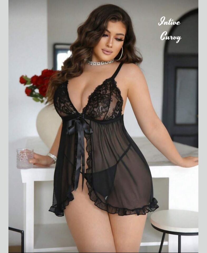 Intive Curvy Siyah Önden Bağlamalı Transparan Dantel Detaylı Büyük Beden Gecelik Siyah - 3XL/4XL
