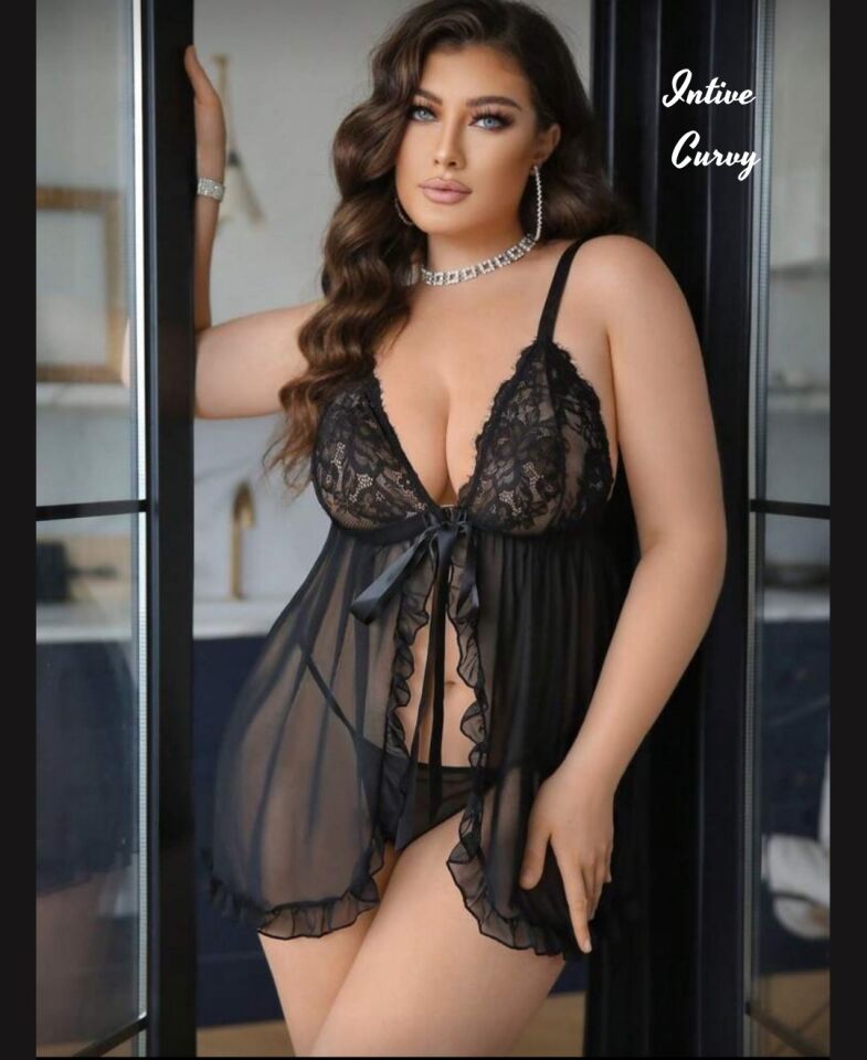 Intive Curvy Siyah Önden Bağlamalı Transparan Dantel Detaylı Büyük Beden Gecelik Siyah - 3XL/4XL