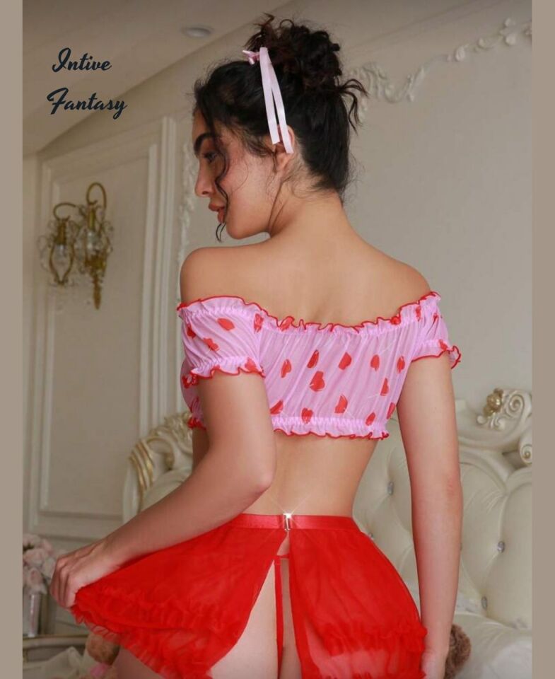 Intive Fantasy Feminen Kalp Desenli Büstiyerli Mini Etekli Transparan Takım Kırmızı - S/M