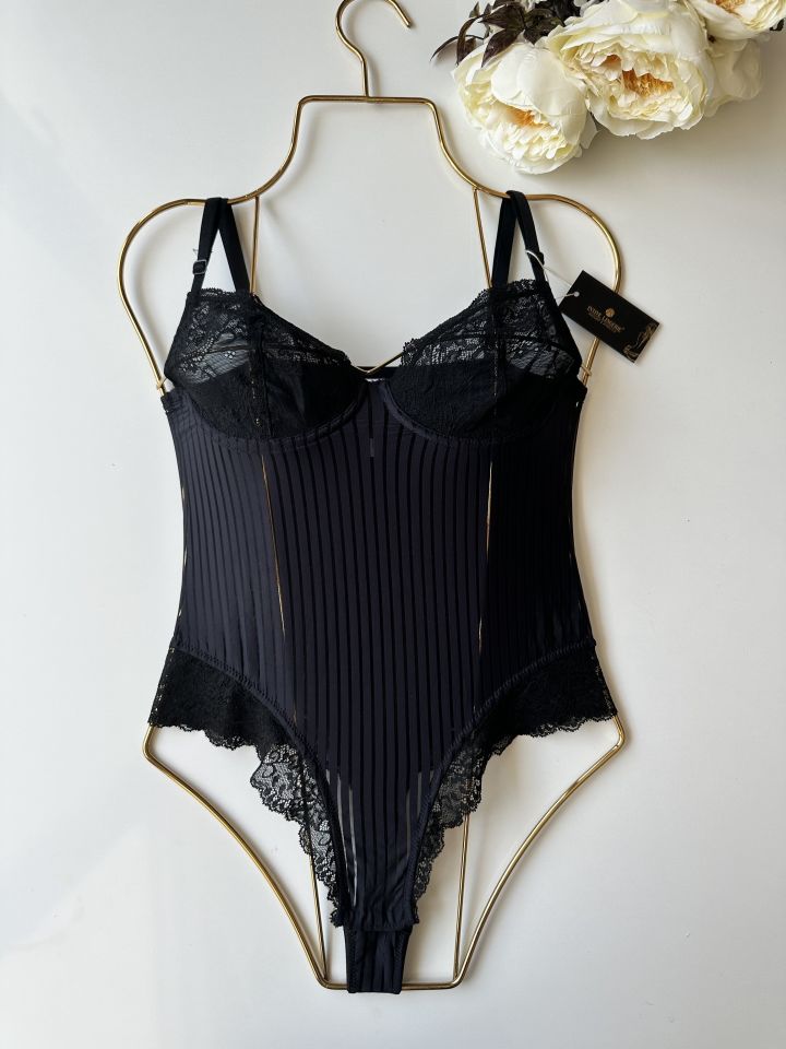 Amelie Balenli Dantelli Çıtçıtlı Üstün Kalite Bodysuit Siyah - M