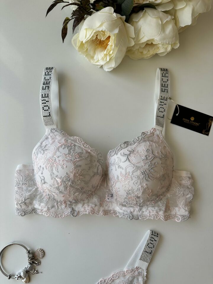 Desenli Push-up Askıları Taşlı Sütyen Takım Pembe - 75B