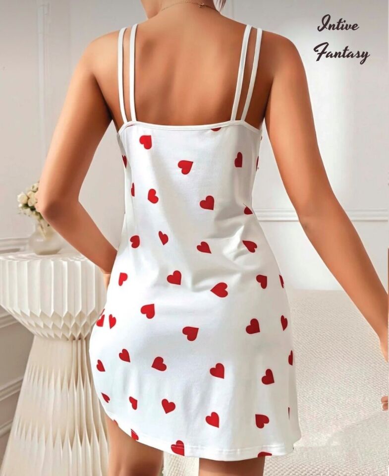 Intive Beyaz Kırmızı Kalp Desenli Çift Asklı Mini Gecelik-Rahat ve Çekici-13055 Beyaz - L/XL