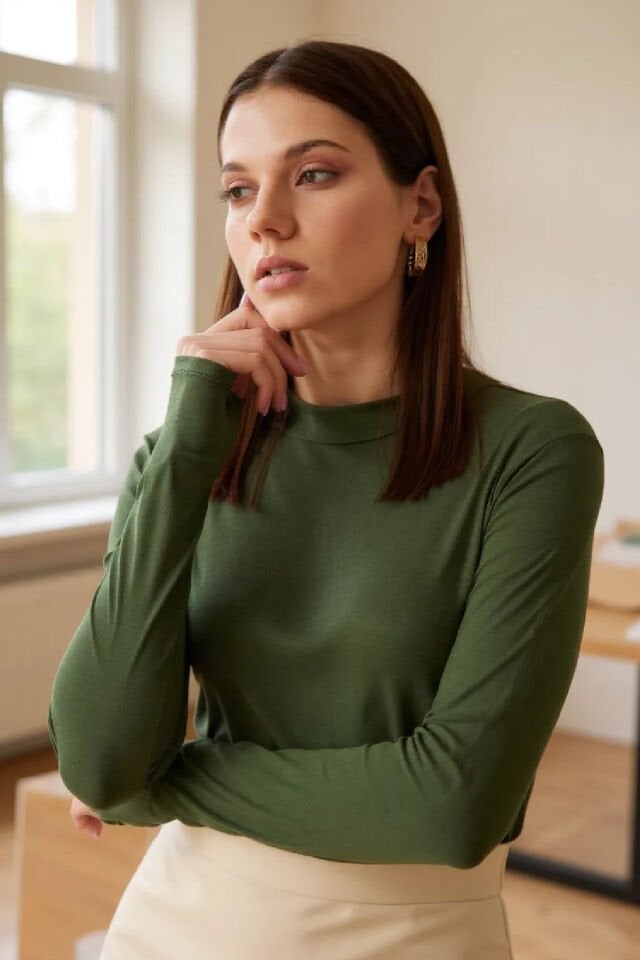 Kadın Haki Yeşili Parmak Detaylı Esnek Uzun Kollu Body Kadın Haki Yeşili Parmak Detaylı Esnek Uzun Kollu Body