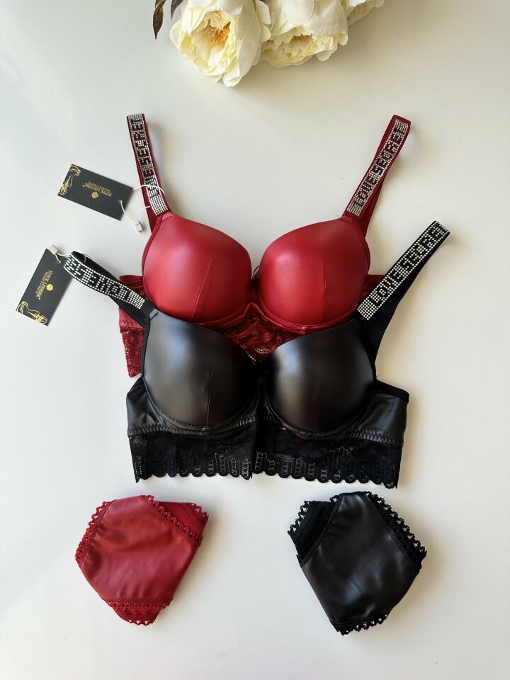 Lateks Deri Askıları Taşlı Push-up Sütyen Takım Siyah - 90B