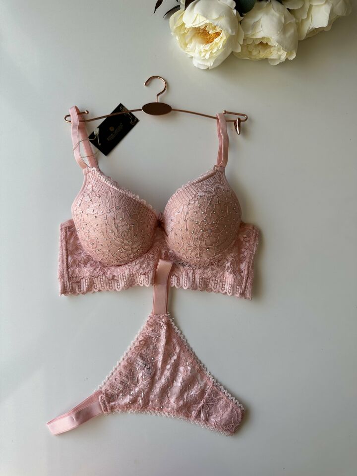 Serpme Parlak Taş Detaylı Yumuşak Dantel Push-up Sütyen Takım Pembe - 85B