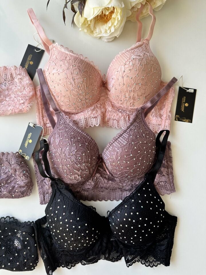 Serpme Parlak Taş Detaylı Yumuşak Dantel Push-up Sütyen Takım Gül Kurusu - 80B