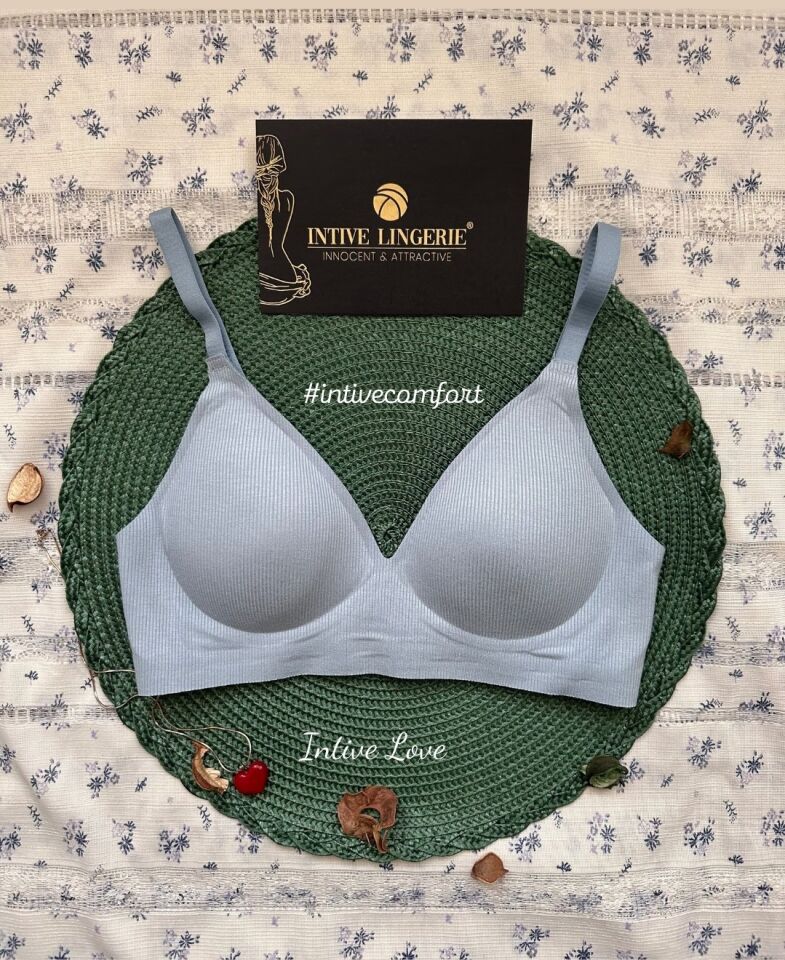 SoftEase V Yaka Balensiz Dikişsiz Lazer Kesim Rahat Soft Kumaştan Fitilli Kopçalı Sütyen Mavi - S