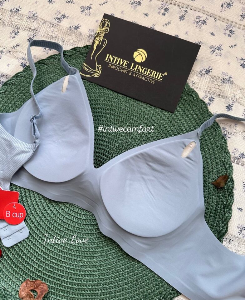 SoftEase V Yaka Balensiz Dikişsiz Lazer Kesim Rahat Soft Kumaştan Fitilli Kopçalı Sütyen Mavi - S