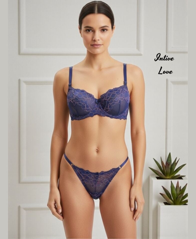 NBB Lacivert Pembe Çiçek Desenli Straplez Push-up Sütyen Tanga Takım NBB Lacivert Pembe Çiçek Desenli Straplez Push-up Sütyen Tanga Takım