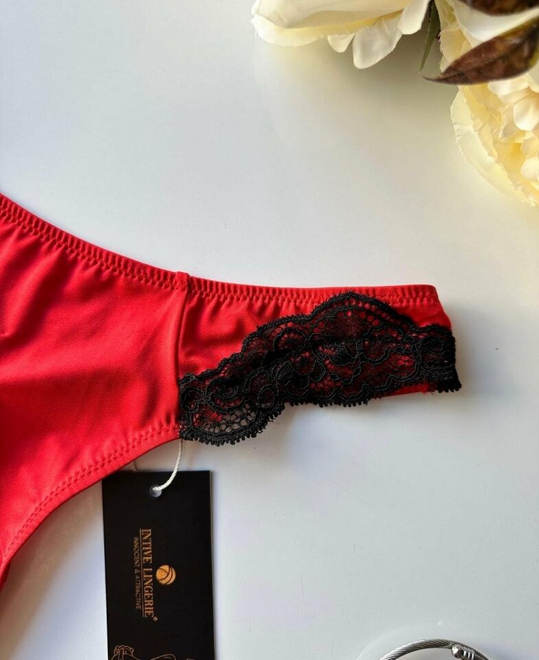 Siyah Dantel Detaylı Üstün Kalite Kırmızı Tanga Kırmızı - L