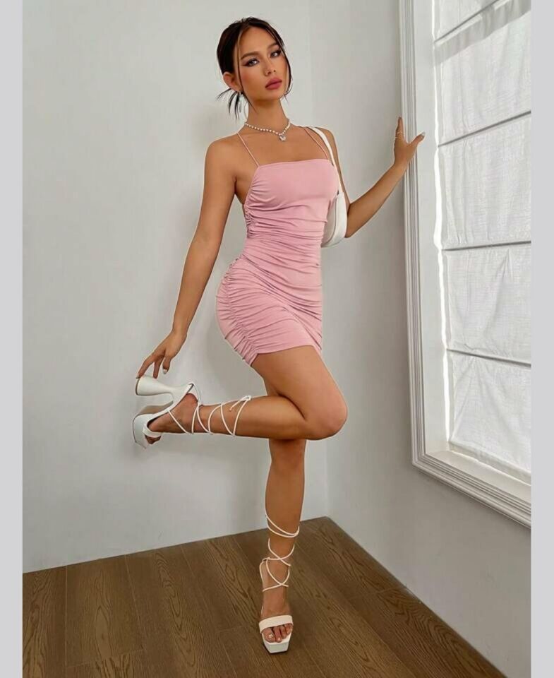 Beleng Kare Yaka Sırt Dekolteli Drapeli Mini Gecelik/Babydoll -Pudra/Siyah Pudra  - S/M