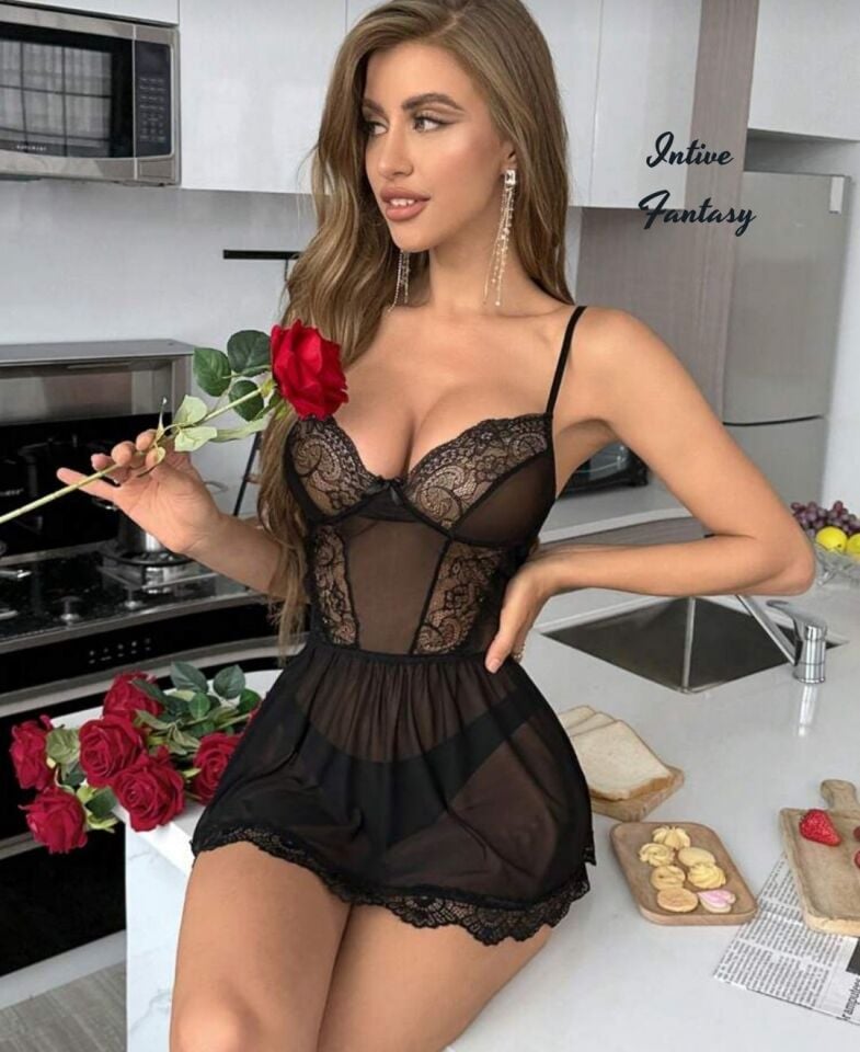 Intive Fantasy İnce Dantelli Transparan İnce Askılı V Yaka Mini Gecelik Siyah - L/XL