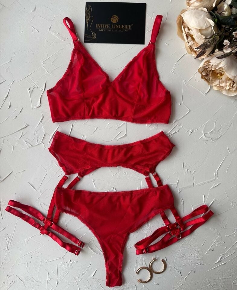 Passion Kırmızı Tamamı Tül Transparan Bacak Aksesuarlı Jartiyer Takım Kırmızı - S/M