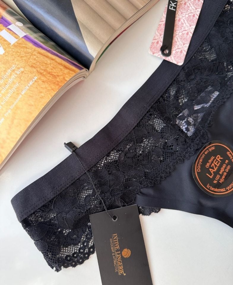 Orijinal Lazer Kesim Üstün Kalite Spandex Invisible Dikişsiz Dantelli Tanga - 2801 Siyah - M