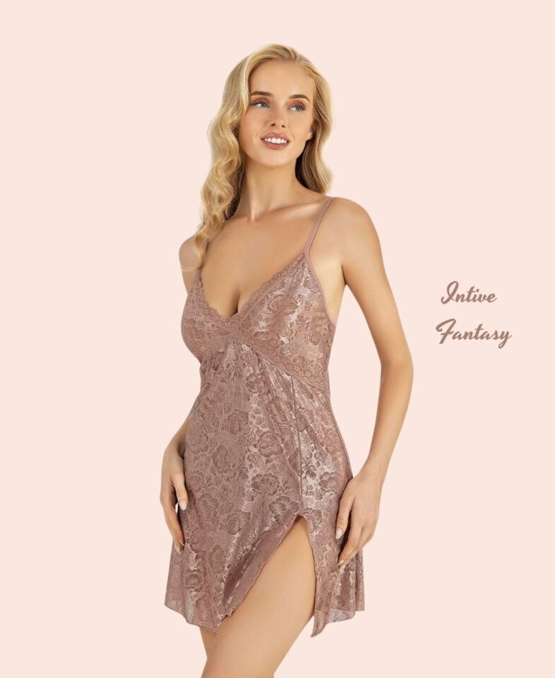 Primoda Bej Yırtmaçlı Dantelli V Yaka Tamamı Dantel İnce Askılı Dekolteli Gecelik Primoda Bej Yırtmaçlı Dantelli V Yaka Tamamı Dantel İnce Askılı Dekolteli Gecelik