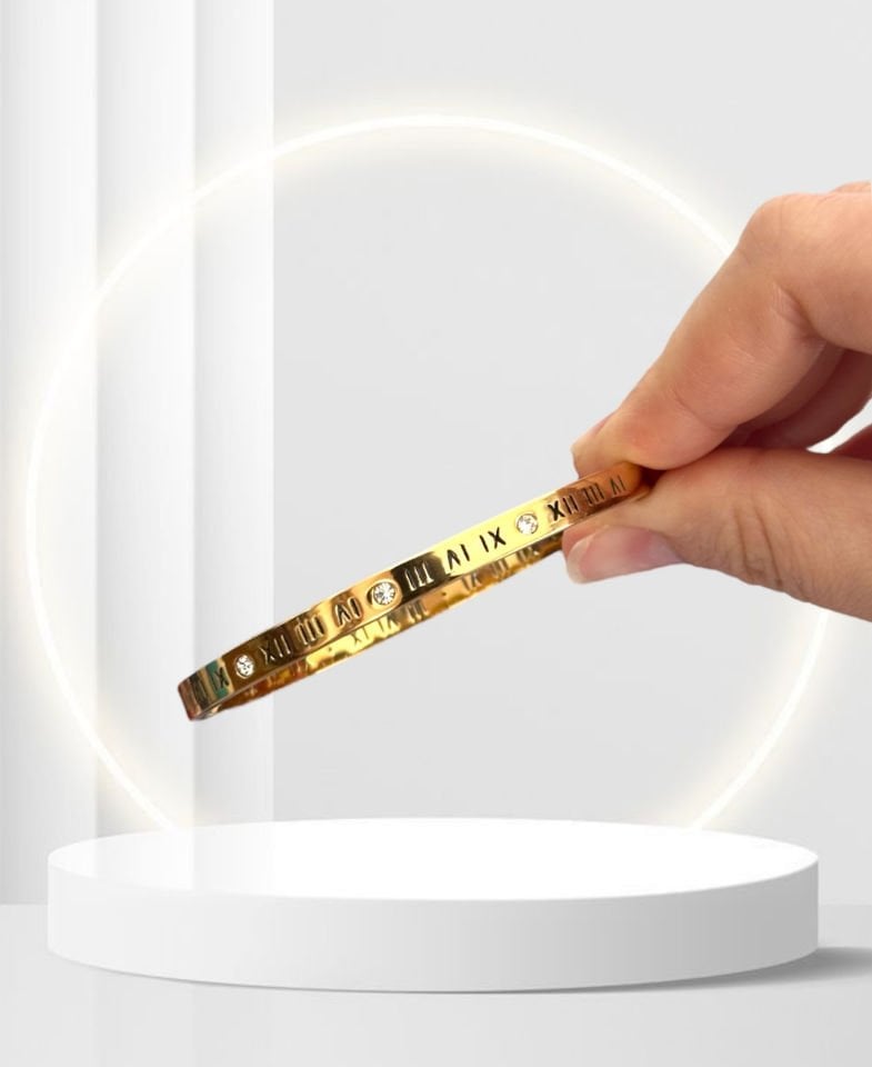 MurayShine Taşlı Romen Rakamlı Modern Çelik Bileklikler Gold