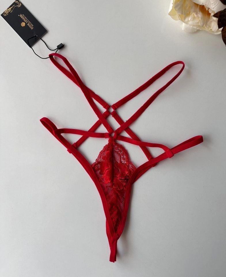 Kadın Dantelli Yüksek Bel Fantezi String/Külot - 102 Kırmızı - S/M