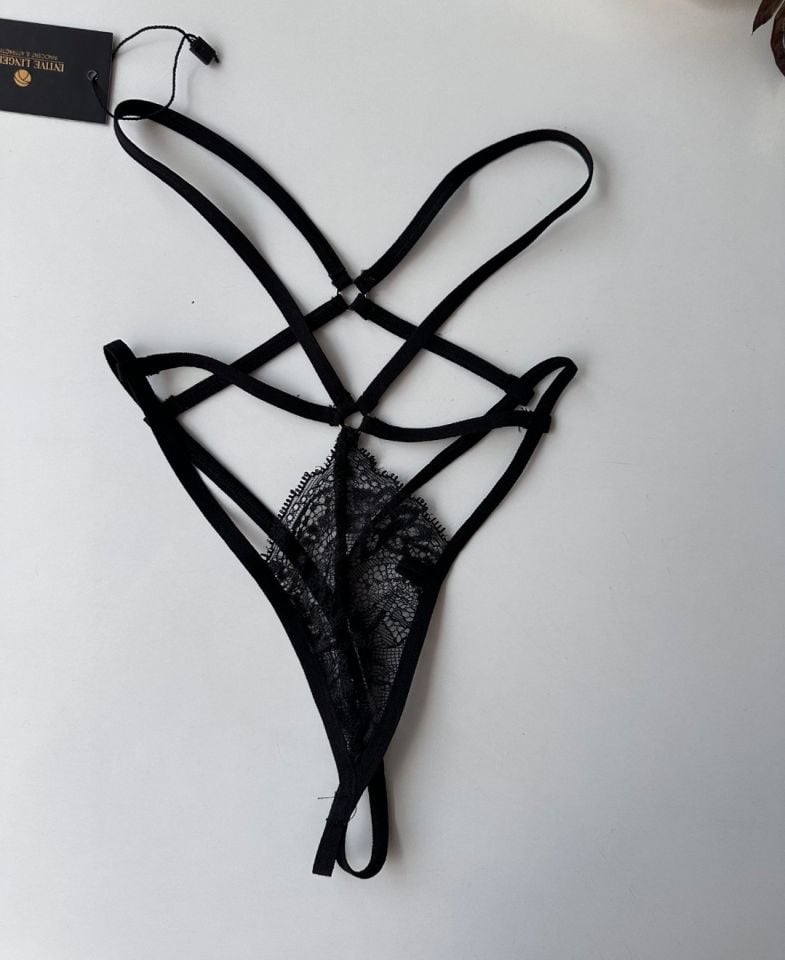 Kadın Dantelli Yüksek Bel Fantezi String/Külot - 102 Siyah - S/M