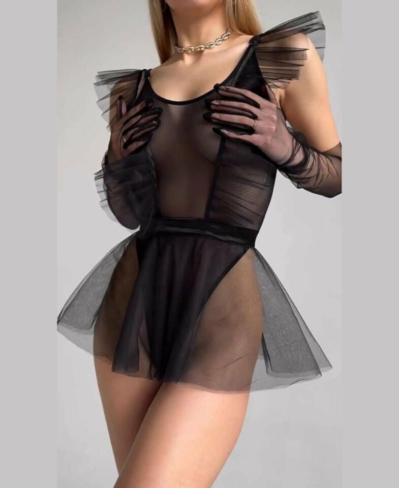 Neomi Transparan Fırfır Askı Detaylı Tül Babydoll/Gecelik Siyah - M