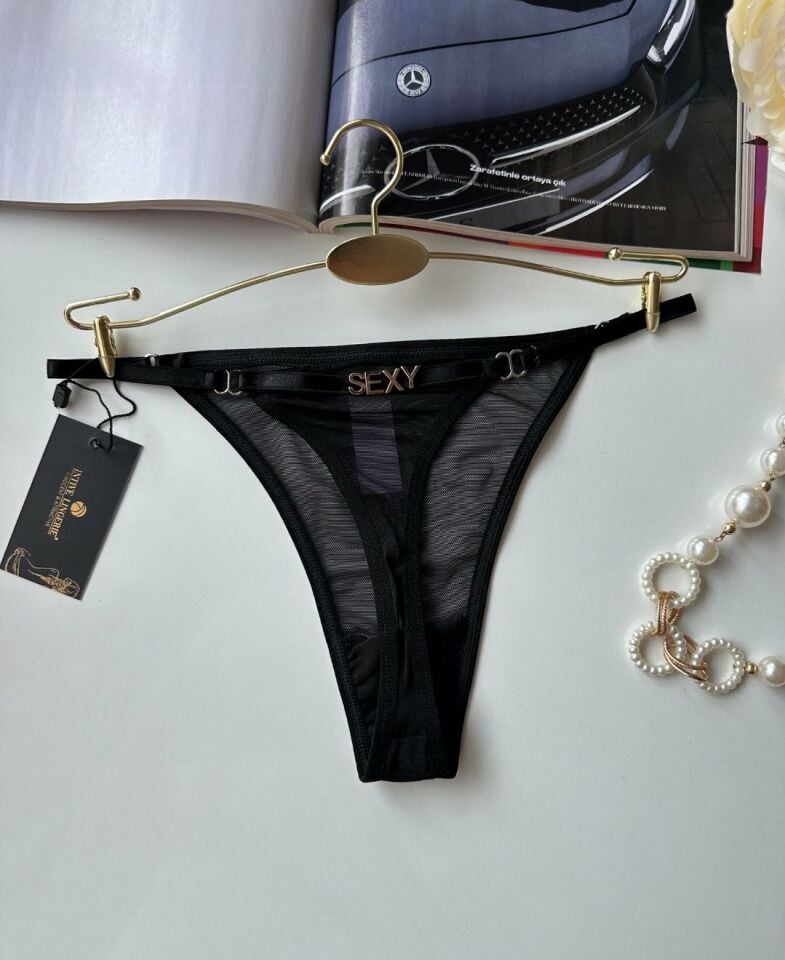 Valerie Siyah Arkası 'Sexy' Yazılı Ağı Pamuklu Fantezi Tül Tanga - Limited Siyah - S/M