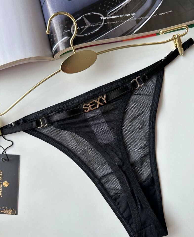 Valerie Siyah Arkası 'Sexy' Yazılı Ağı Pamuklu Fantezi Tül Tanga - Limited Siyah - S/M