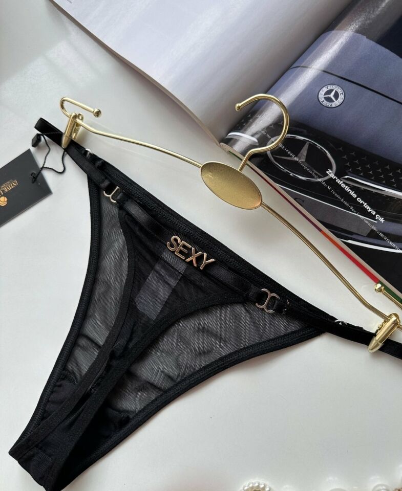 Valerie Siyah Arkası 'Sexy' Yazılı Ağı Pamuklu Fantezi Tül Tanga - Limited Siyah - S/M